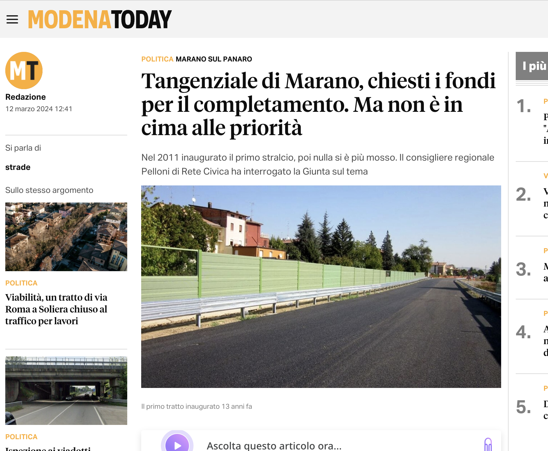 Scopri di più sull'articolo Tangenziale di Marano, chiesti i fondi per il completamento. Ma non è in cima alle priorità
