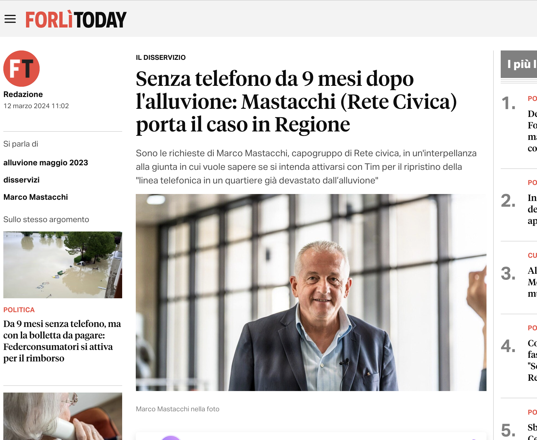 Scopri di più sull'articolo Senza telefono da 9 mesi dopo l’alluvione: Mastacchi (Rete Civica) porta il caso in Regione