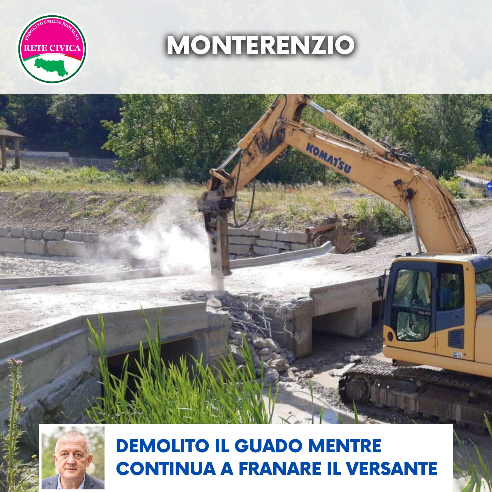 Scopri di più sull'articolo MONTERENZIO: La distanza tra cittadini e istituzioni è un fiume senza guado – Demolito il guado mentre continua a franare il versante